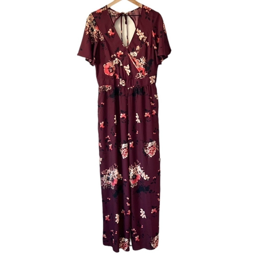 Band of Gypsies Burgundy Floral Wide Leg Jumpsuit with Keyhole Back Cut Out- L